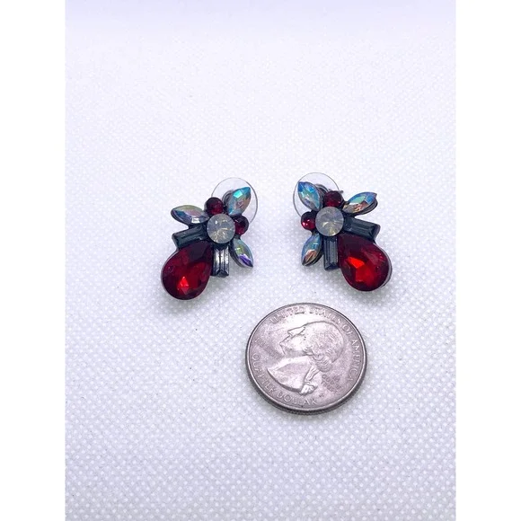 Imitation Red Ruby Rhinestone Cubic Zirconia CZ Post Earrings Set - Picture 3 of 7